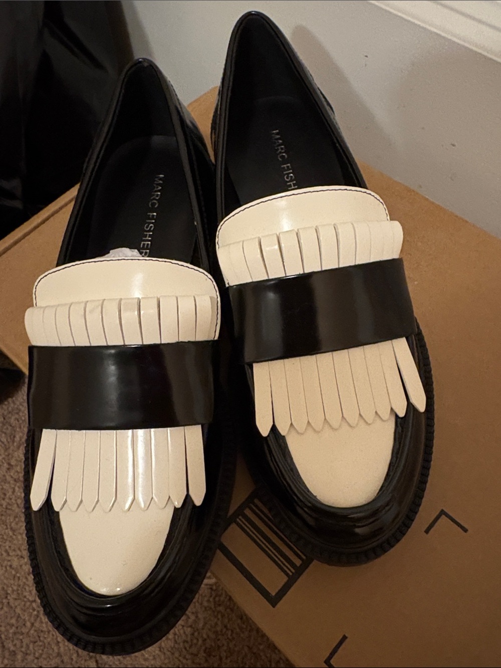 Marc Fisher Calixy Black and Ivory Kiltie Fringe Loafers